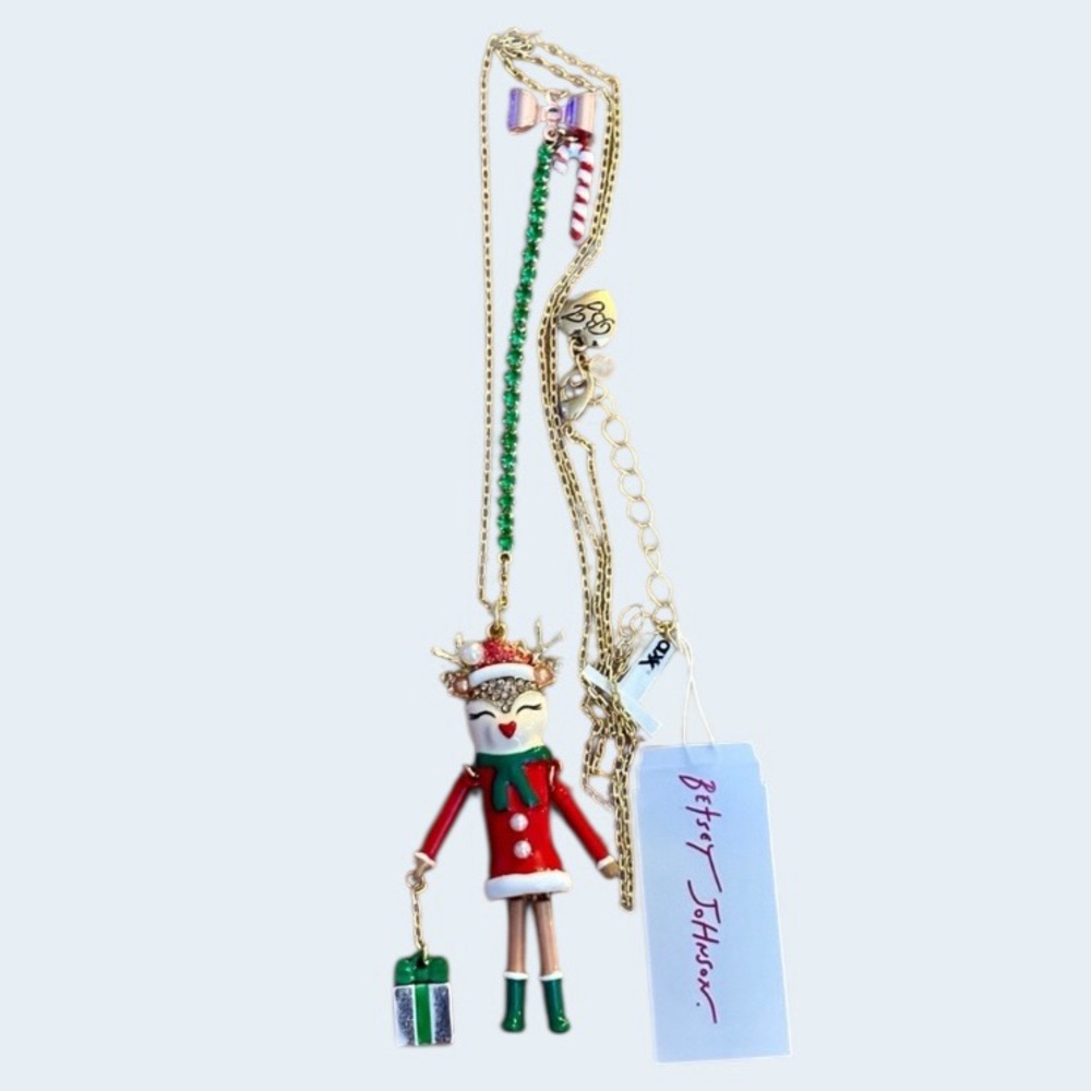 BETSEY JOHNSON Christmas Rudolph Reindeer Necklace Articulated Arms & Legs NWT